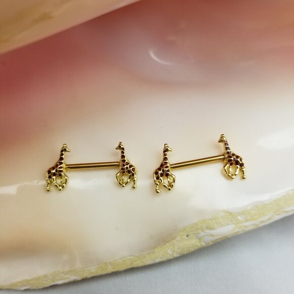 Pair of 14G gold plated giraffe ends nipple bars - externally threaded - Picture 2 of 6